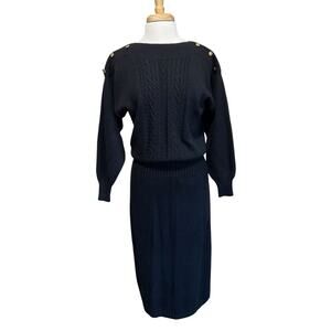 Vintage Darian Sweater Dress 80s Size M Band Waist Long Sleeve Modest Knit Black